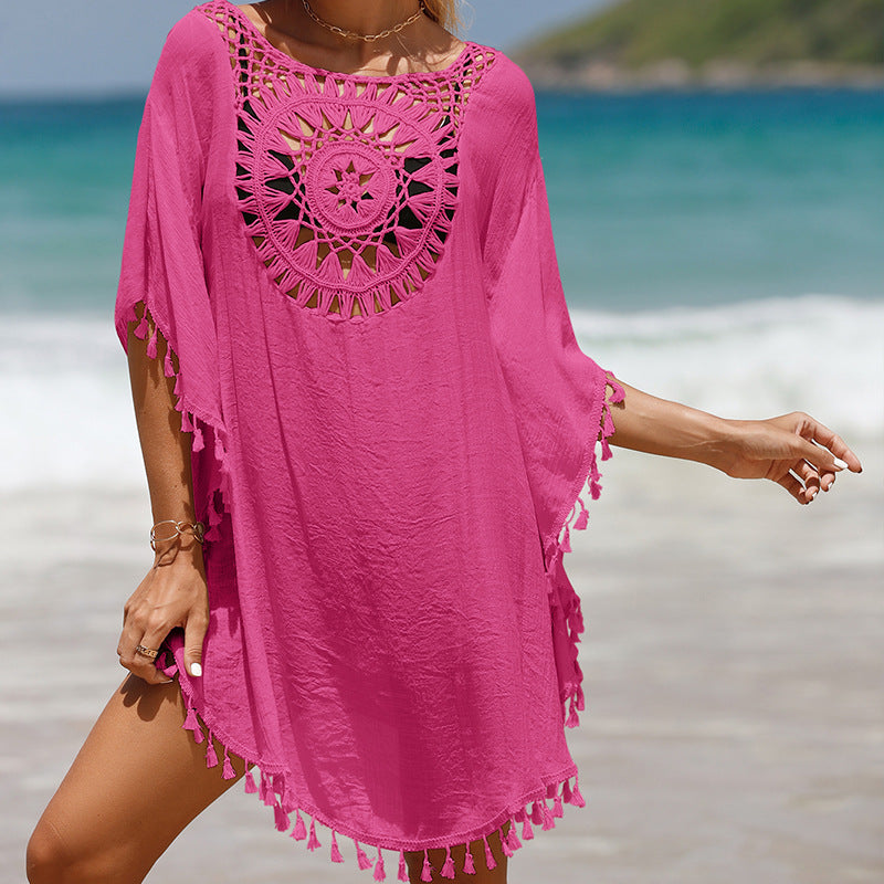 Holiday hand hook solid color patchwork beach dress all fringe sun protection short  beach ock