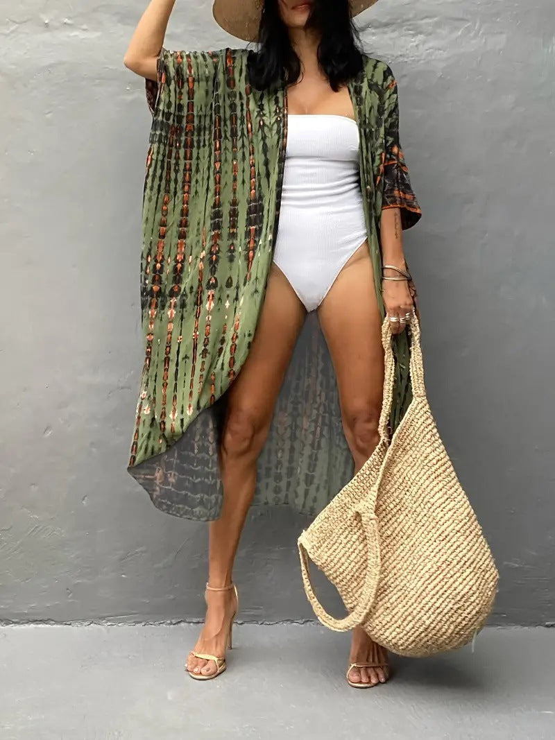 Cotton tie-dyed sun-protective cardigan, beach resort skirt, bikini, outer blouse, swimsuit, women's sun-protective jacket 5D69