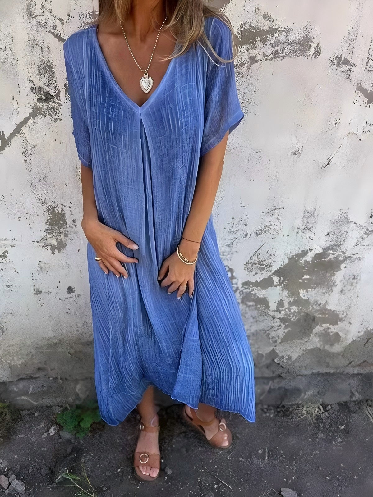 Casual spring and summer loose skirt, short-sleeved V-neck solid color cotton and linen dress