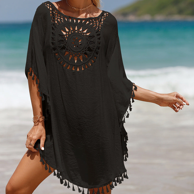 Holiday hand hook solid color patchwork beach dress all fringe sun protection short  beach ock