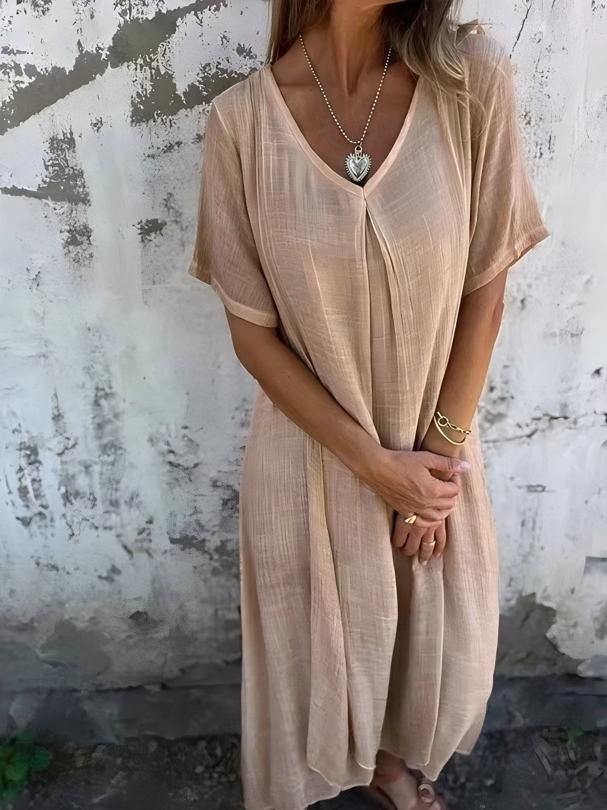 Casual spring and summer loose skirt, short-sleeved V-neck solid color cotton and linen dress