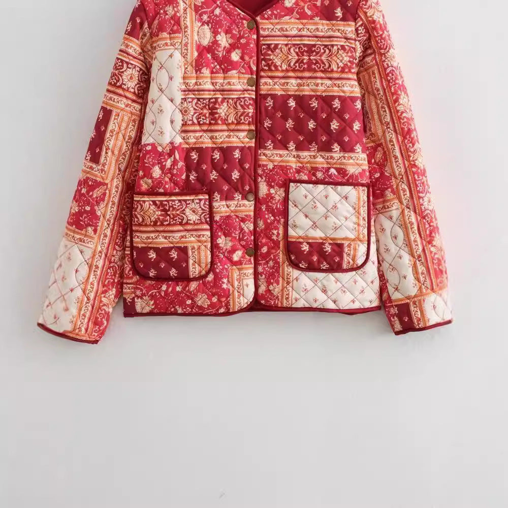 Autumn and winter women's printed coat, fashionable and retro single-ed loose long-sleeved cotton jacket