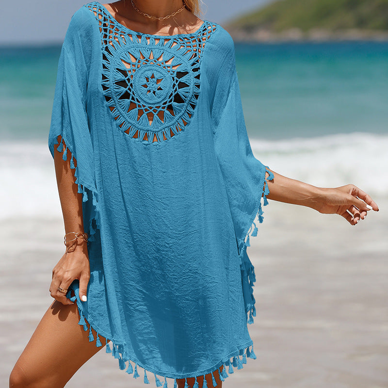 Holiday hand hook solid color patchwork beach dress all fringe sun protection short  beach ock