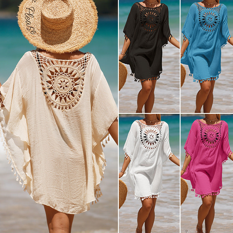 Holiday hand hook solid color patchwork beach dress all fringe sun protection short  beach ock