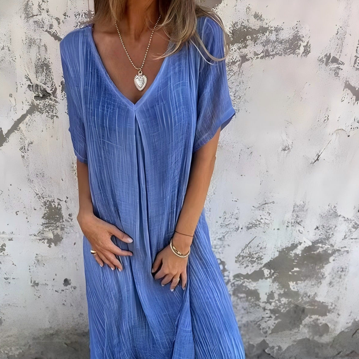 Casual spring and summer loose skirt, short-sleeved V-neck solid color cotton and linen dress