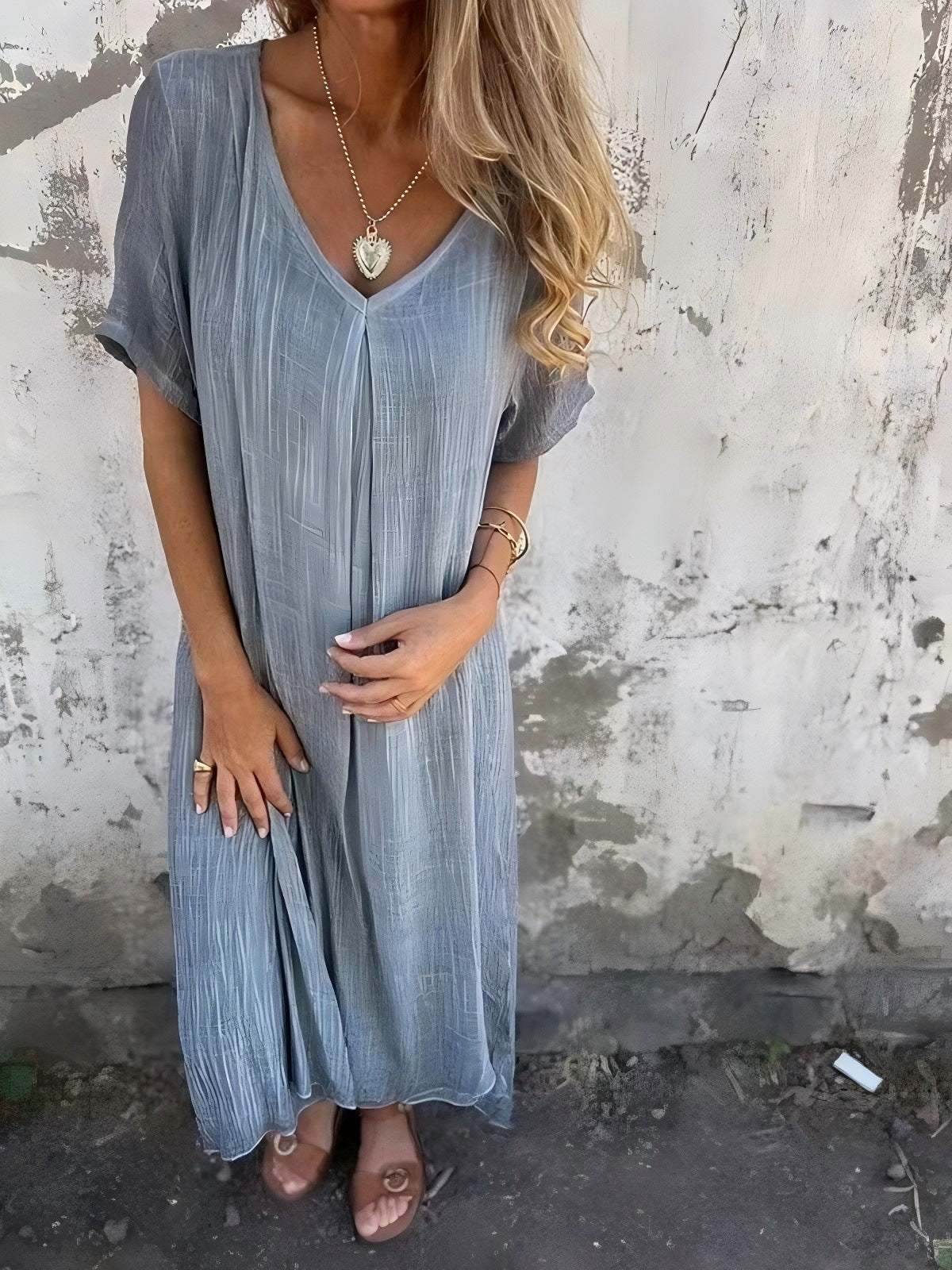 Casual spring and summer loose skirt, short-sleeved V-neck solid color cotton and linen dress