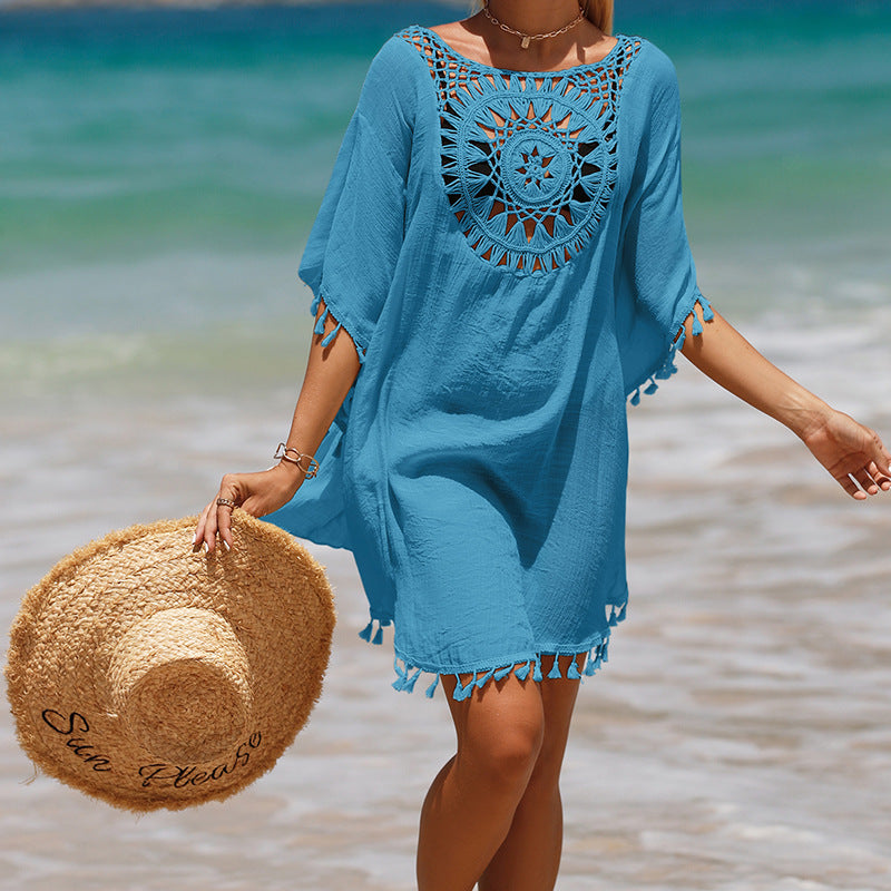 Holiday hand hook solid color patchwork beach dress all fringe sun protection short  beach ock