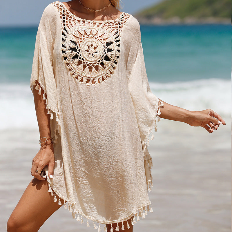 Holiday hand hook solid color patchwork beach dress all fringe sun protection short  beach ock