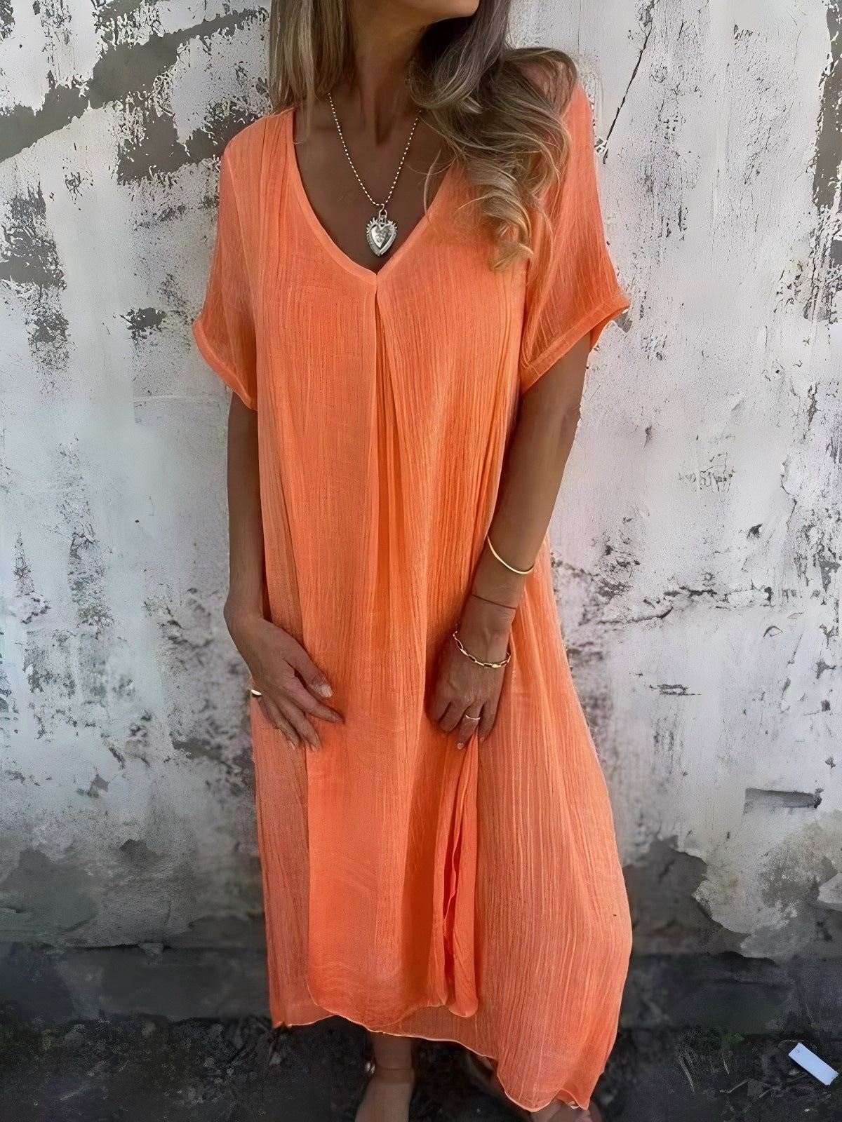 Casual spring and summer loose skirt, short-sleeved V-neck solid color cotton and linen dress