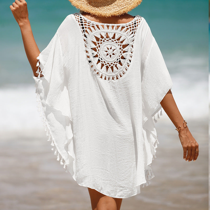Holiday hand hook solid color patchwork beach dress all fringe sun protection short  beach ock