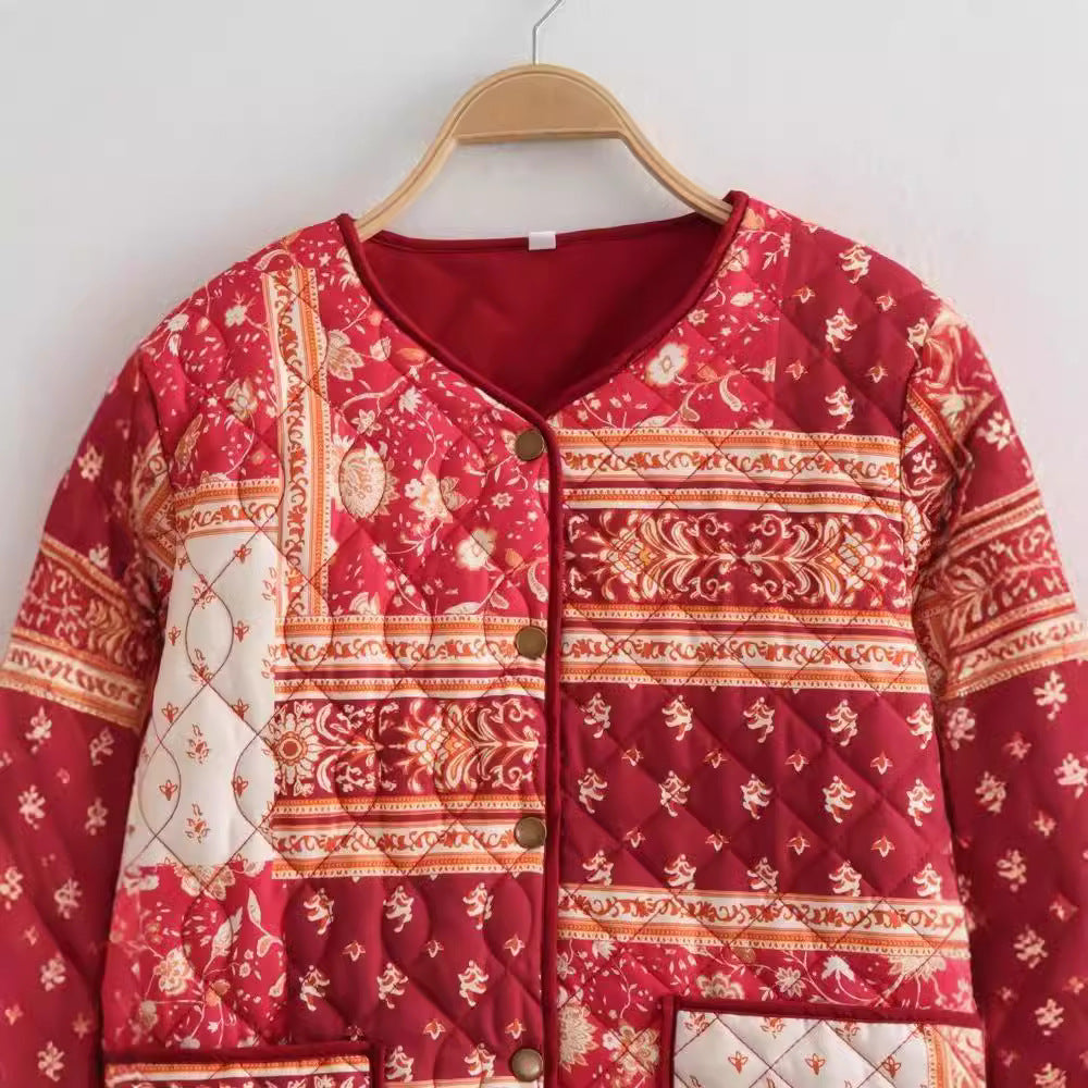 Autumn and winter women's printed coat, fashionable and retro single-ed loose long-sleeved cotton jacket