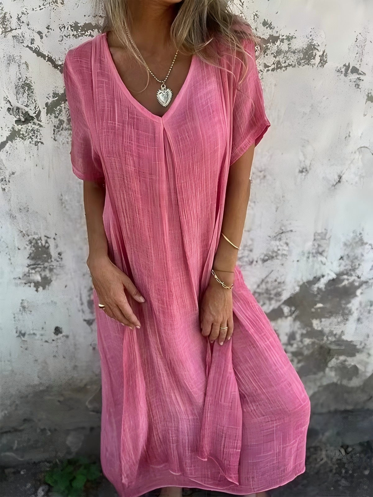 Casual spring and summer loose skirt, short-sleeved V-neck solid color cotton and linen dress